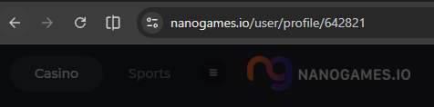 The nanogames.io profile URL with the user ID at the end highlighted